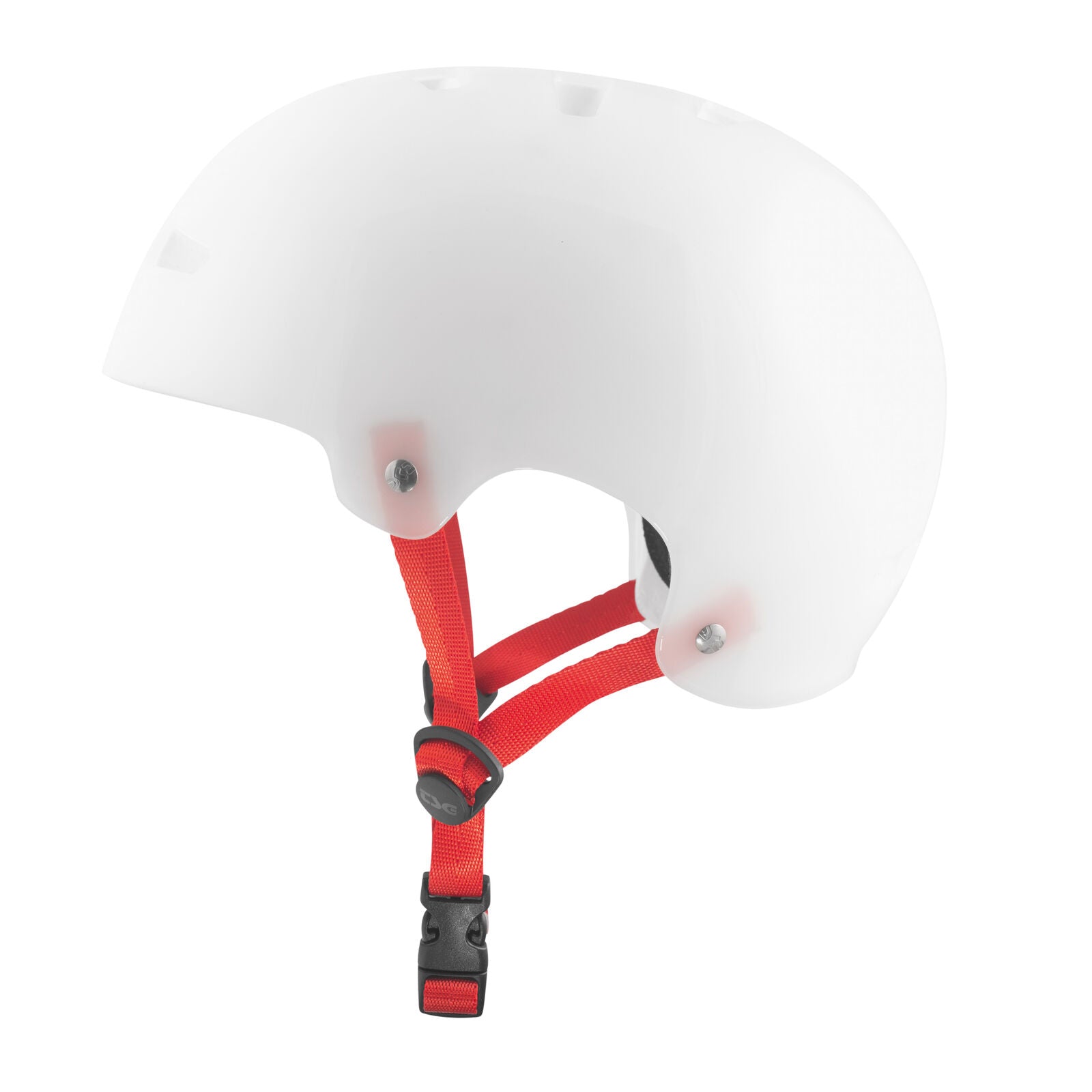 The TSG Evolution Helmet / Special Clear White, shown from a side angle against a white background, features a red adjustable chin strap with black buckle and offers high-impact protection.