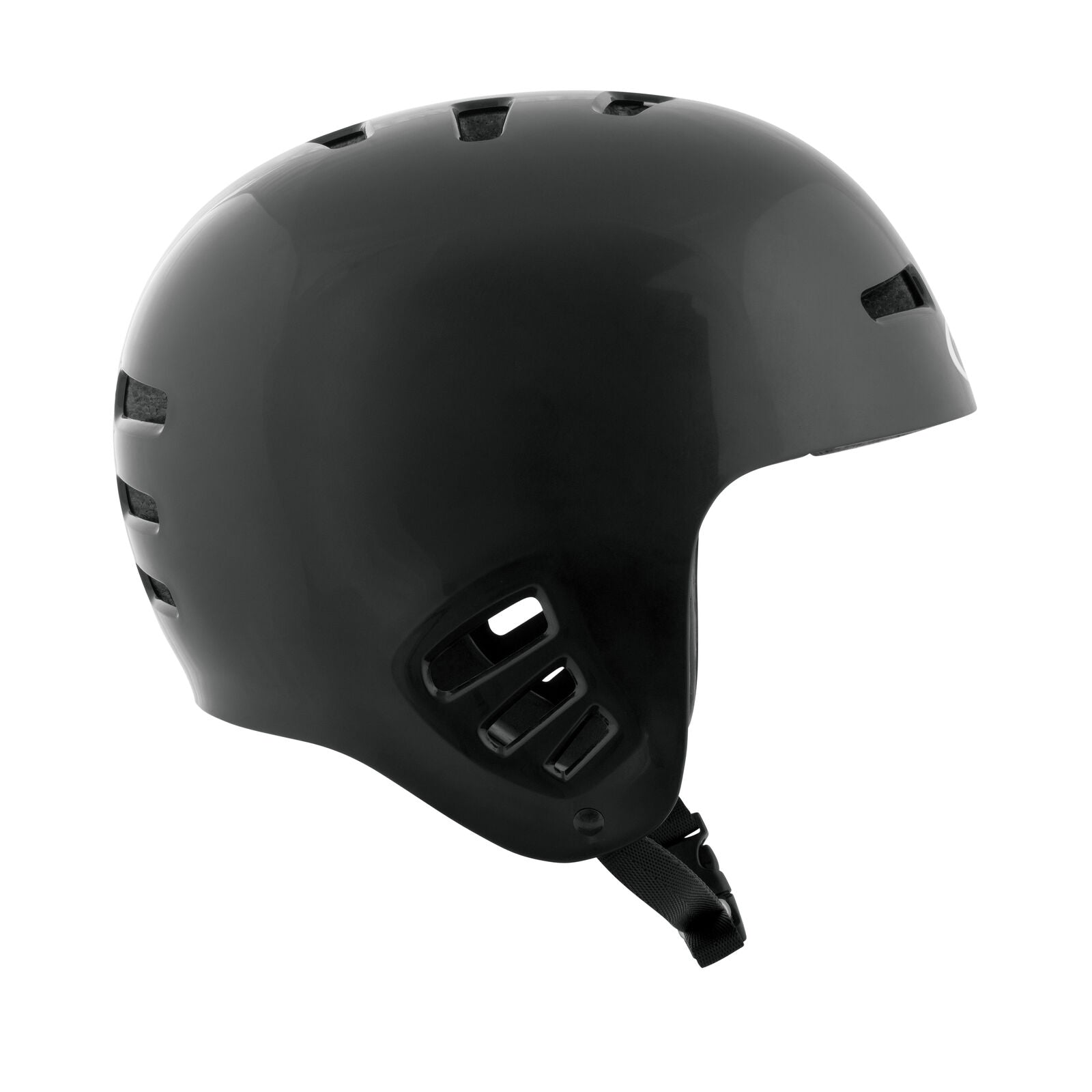 The TSG Dawn Flex Helmet Black features a classic full-cut design, multiple ventilation slots, a chin strap, and innovative FlexTech construction, shown from the side on a white background.