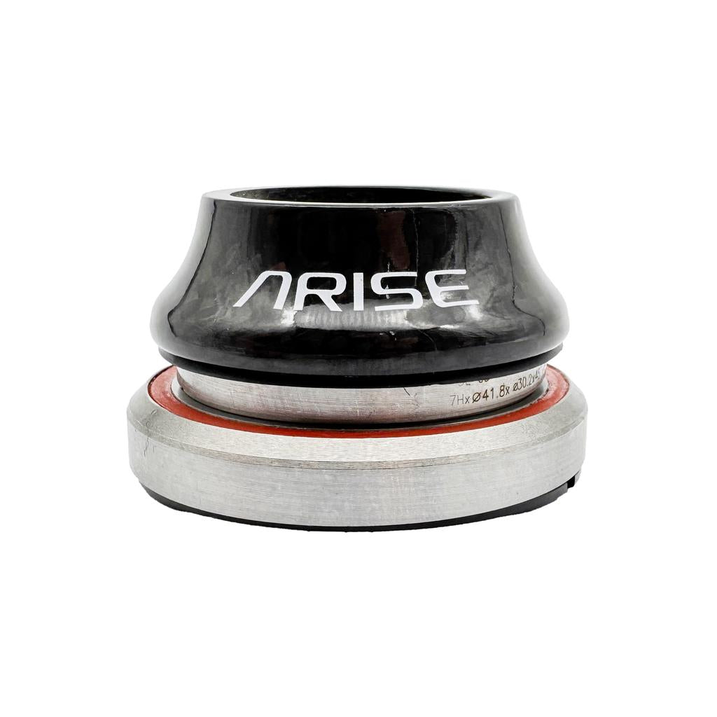 The Arise Crystal 15 Tapered Headset, featuring a black and silver finish, stainless steel sealed bearings, and "ARISE" printed on the upper section, is shown against a white background.