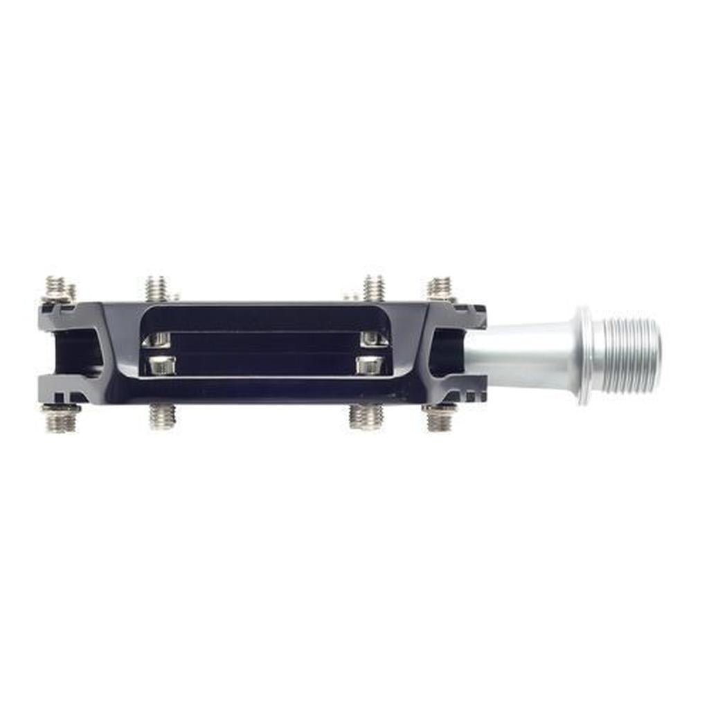 Side view of an HT Components AR09SX Mini Pedal, metal construction with visible screws and spindle, designed for ultra grippy performance, displayed against a white background.