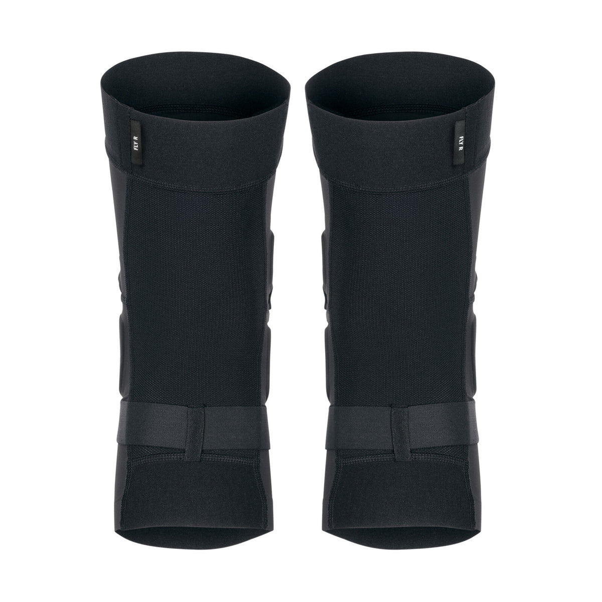 A pair of TSG Knee-Sleeve FlyR black neoprene shin guards with Velcro straps, designed for impact protection, photographed against a white background.