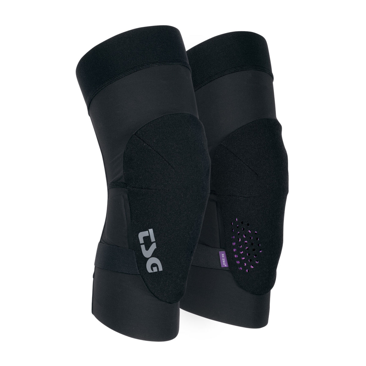 A pair of black TSG Knee-Sleeve FlyR pads featuring a logo, elastic bands, and ventilation holes on one side, designed for sports or protective use to provide reliable impact protection.