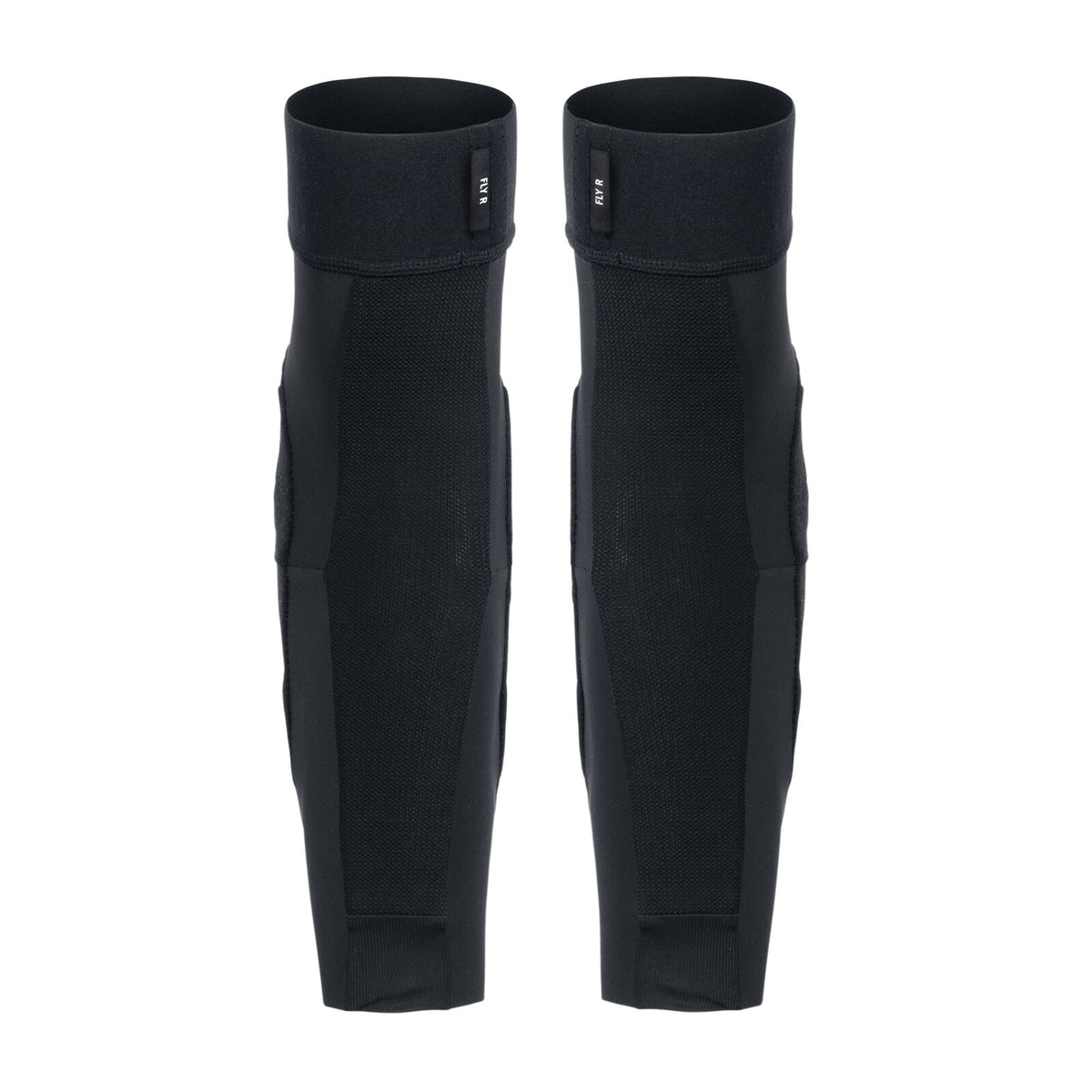 A pair of TSG Elbow-Sleeve FlyR black compression arm sleeves with reinforced sections and integrated impact padding, displayed on a plain white background—ideal for use as BMX race pads or as a lightweight alternative to traditional elbow and knee pad protection.