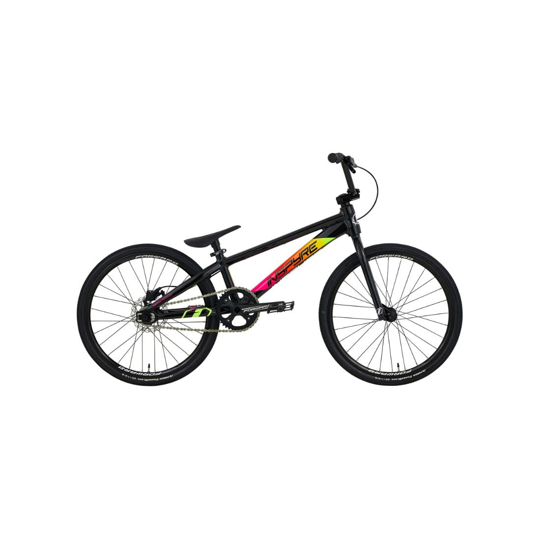 The Inspyre Evo Disc Expert Bike 2026 is a black BMX race bike with rainbow graphics, a lightweight frame, thick tires, and straight handlebars, displayed against a white background.