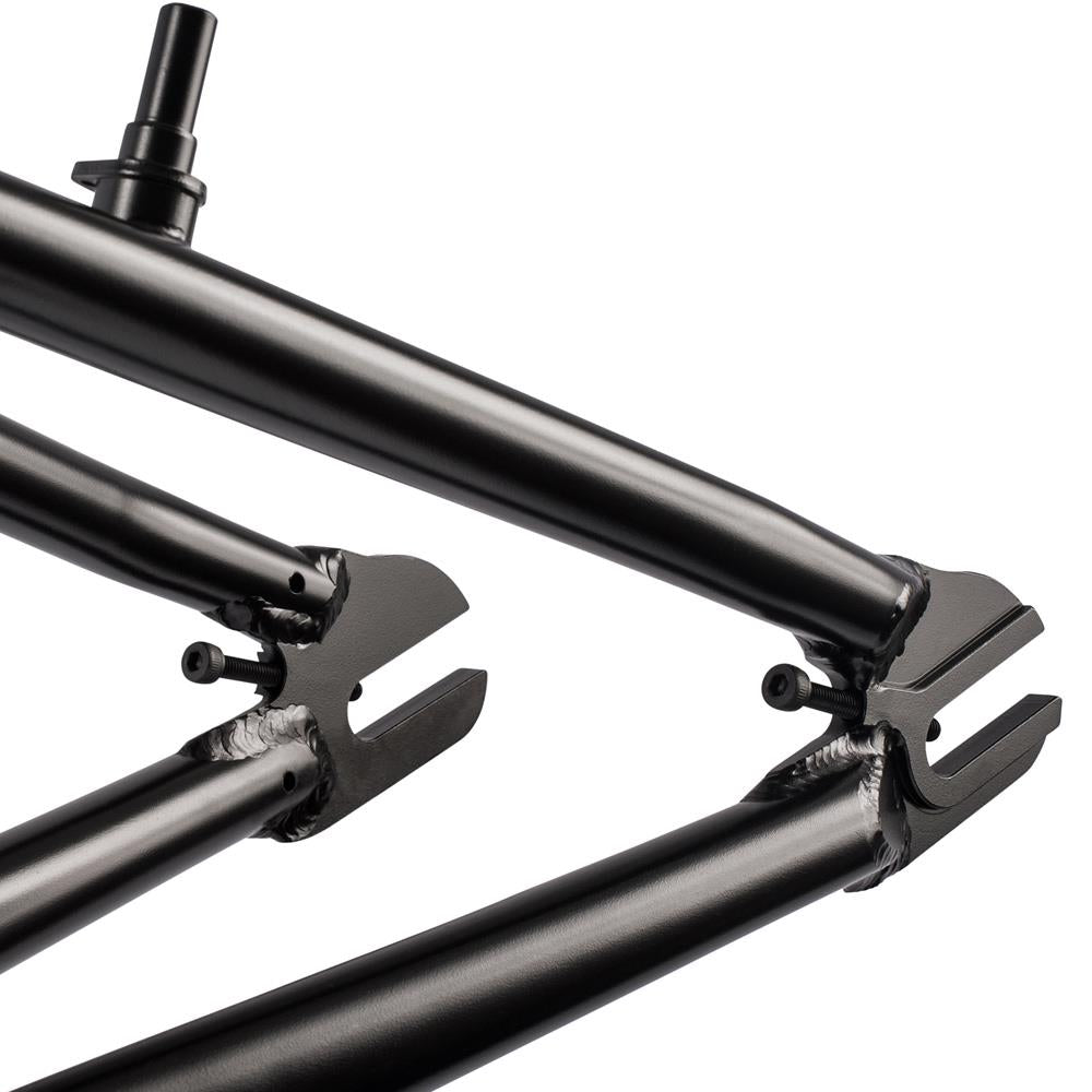 Close-up of the Subrosa Speedwolf V2 Race Frame in matte black, highlighting the rear dropouts and welds where two tubular Chromoly sections meet—ideal for BMX racers.