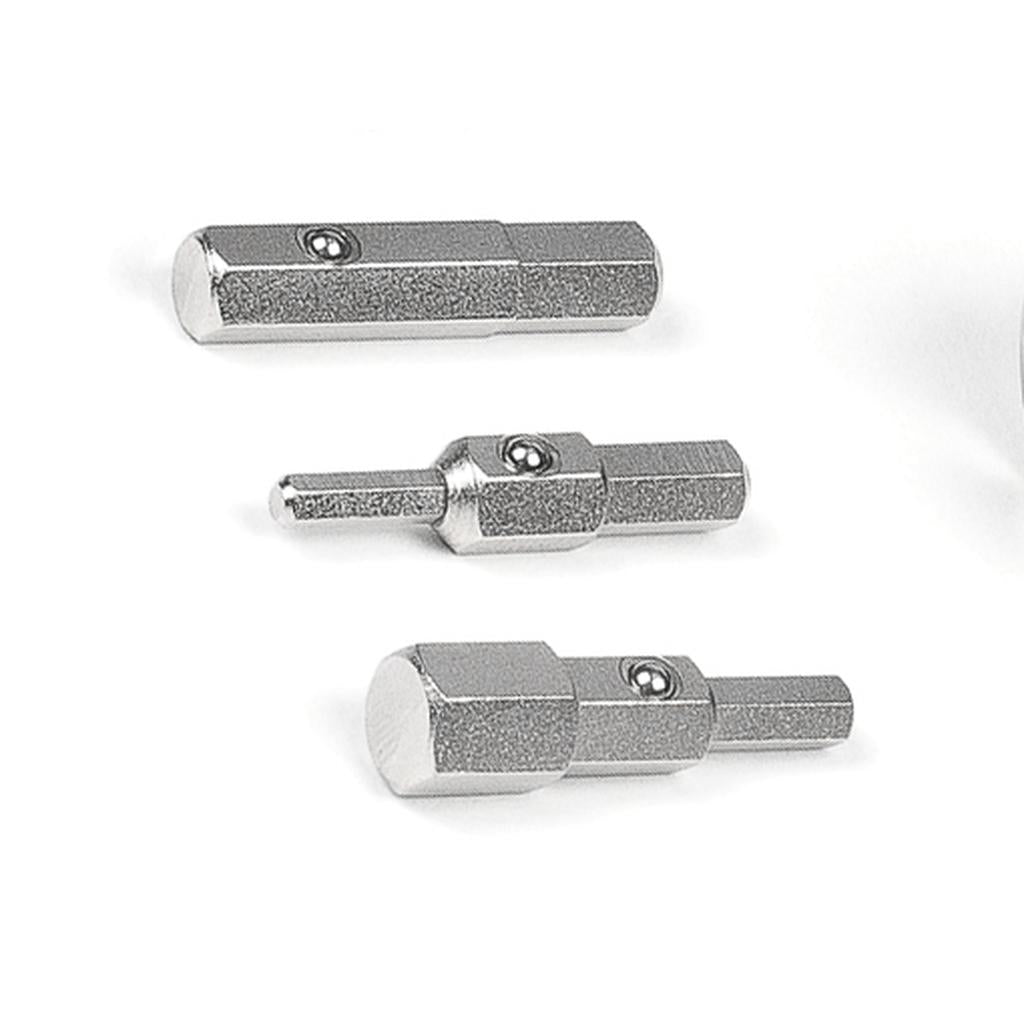 Three Eclat E-Tool Hex Bits with knurled surfaces and ball detents, ideal as replacements for your hex wrench set, are displayed on a white background.