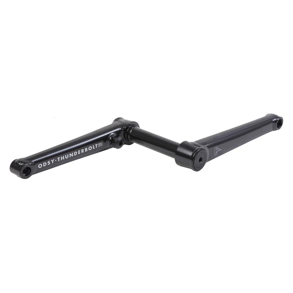 The Odyssey Thunderbolt DJ Cranks, shown in black on a white background, feature 41-Thermal heat-treated arms and a spindle. Designed for BMX, these cranks are compatible with 73mm Euro bottom brackets for enhanced durability.