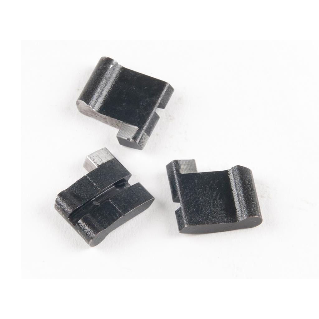 Three small, black, rectangular metal components with notched edges are shown on a white background—the ECLAT Blind Pawl/Spring Set (RHD/FC), perfect as replacement pawls or freecoaster parts for the spring in Blind RHD Freecoasters.