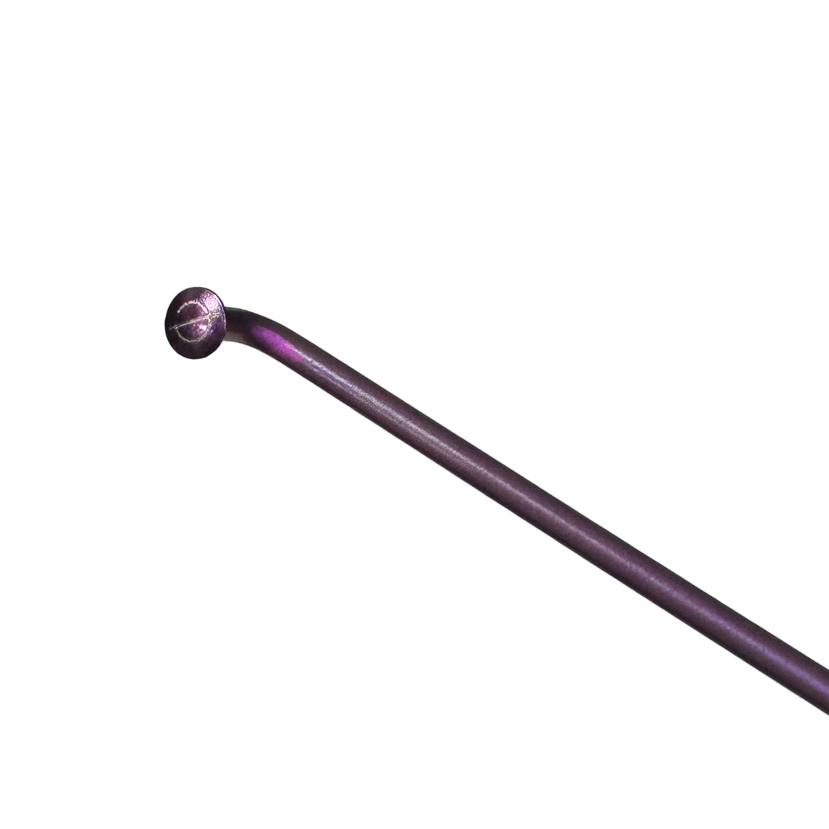 A close-up of the Spectre Titanium V3 14g Spoke in Flat Violet, featuring a rounded, grooved tip and slightly angled shaft, designed for custom bike spoke builds, isolated on a white background.
