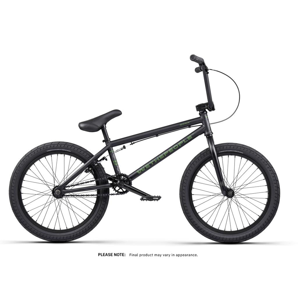 The Wethepeople Nova 20 Inch Bike in black is pictured in profile on a white background, featuring thick tires, a straight top tube, padded seat, and Salt Rookie Tubular Chromoly Cranks for enhanced durability and performance.