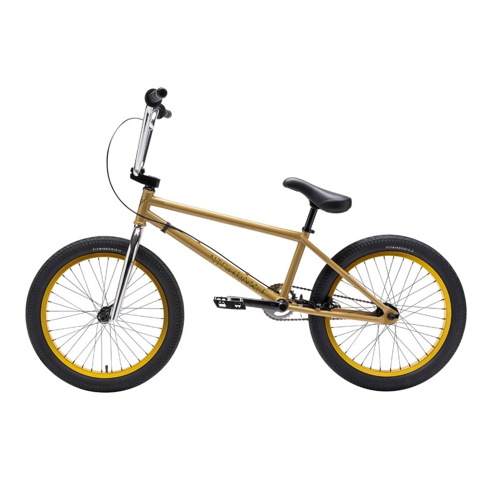 The Fit Bike Co Nightwolf 20 Inch Bike features a gold frame with black handlebars, seat, and tires, plus yellow-accented rims. Shown in profile on a white background, this full chromoly BMX blends style and durability for riders.