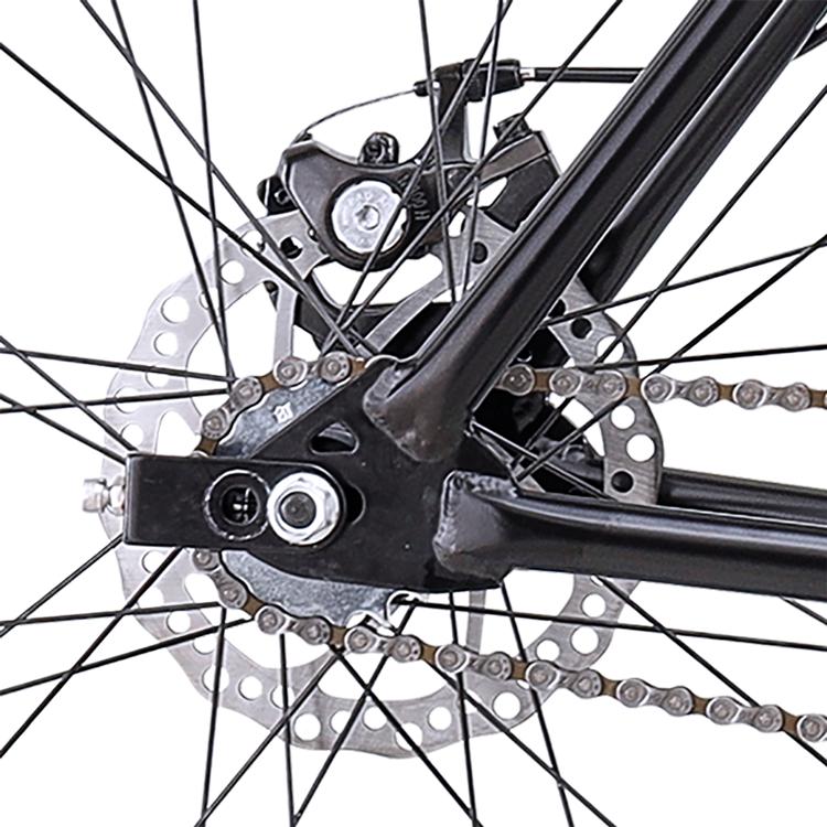 Close-up of the Redline Monocog 29 Inch Bike's rear wheel, highlighting the disc brake, chain, and spokes attached to its steel mountain bike frame.