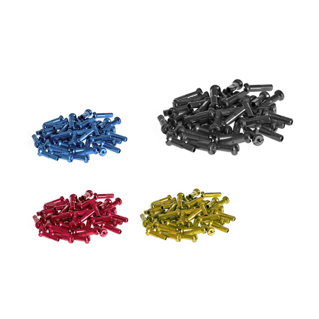 Four small piles of Salt Alloy Nipple (40 Pack) in blue, black, red, and yellow—made from durable 6061-T6 alloy—are arranged on a white background.