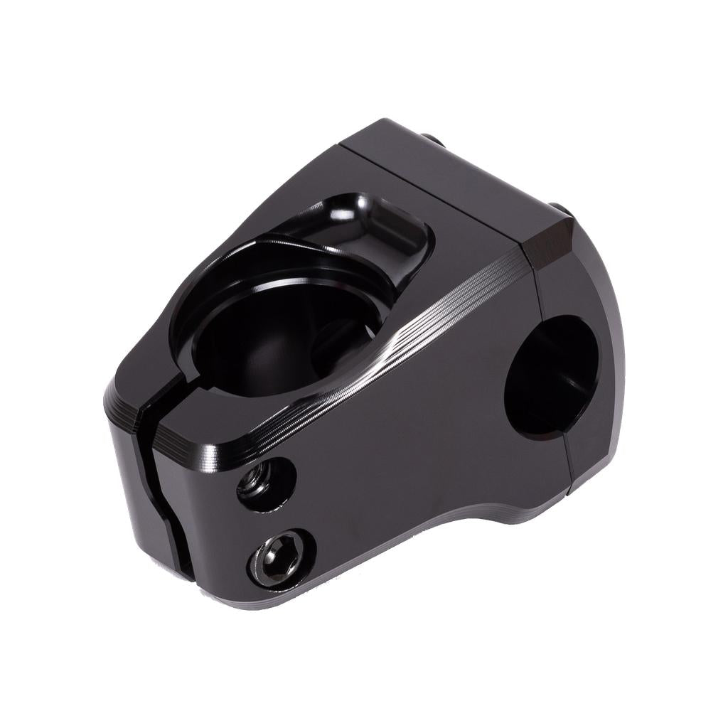 The Wethepeople Index Front Load Stem is a black anodized metal BMX stem with an angular design, 16mm rise, bolt holes, and a handlebar clamp opening, shown isolated on a white background.