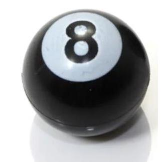 A pair of 8 Ball Schrader Valve Caps, each styled like a black billiard 8-ball with a white circle and the number 8, ideal for collectors or to add a unique touch to your air valves.
