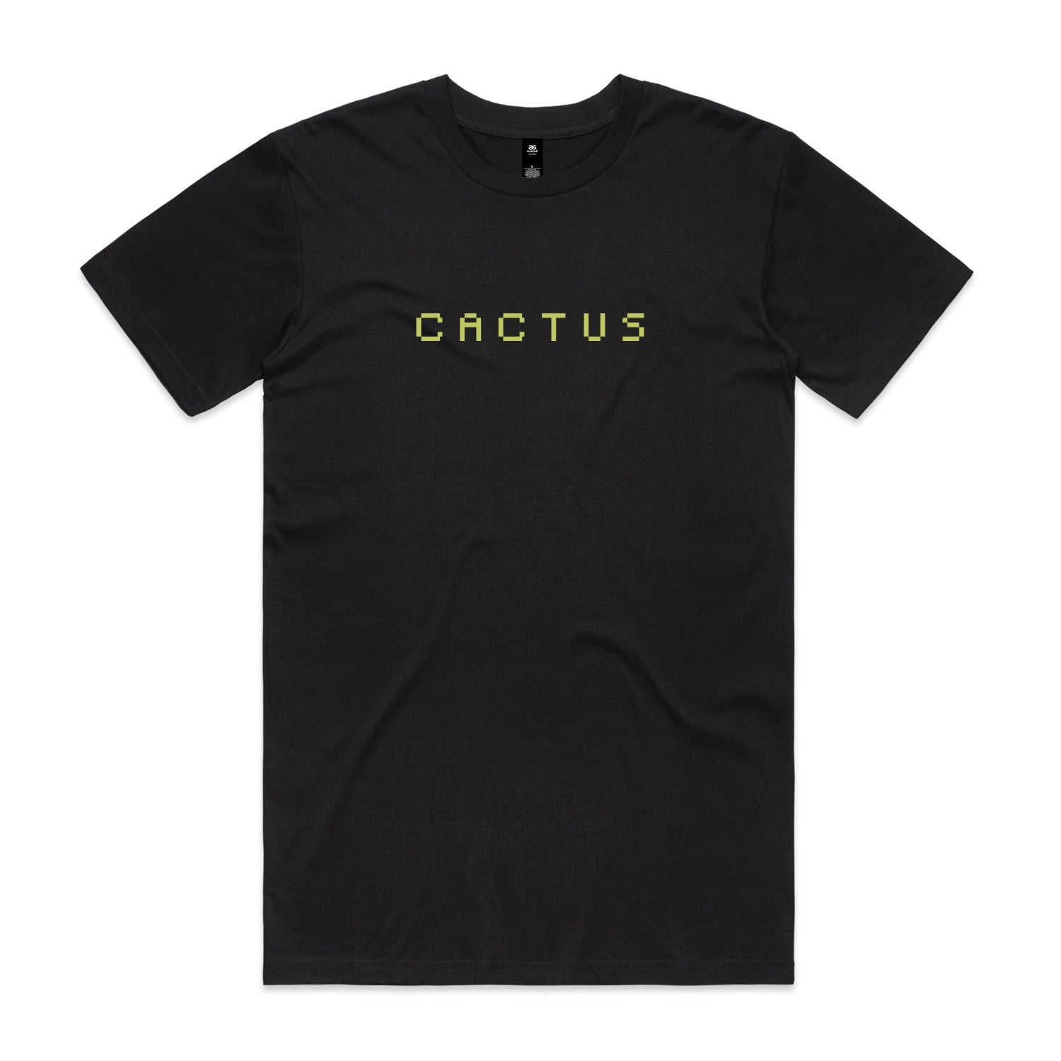 The Cactus BMX Mag 8 Bit T-Shirt Black features "CACTUS" in green block letters printed across the chest on a classic black tee.