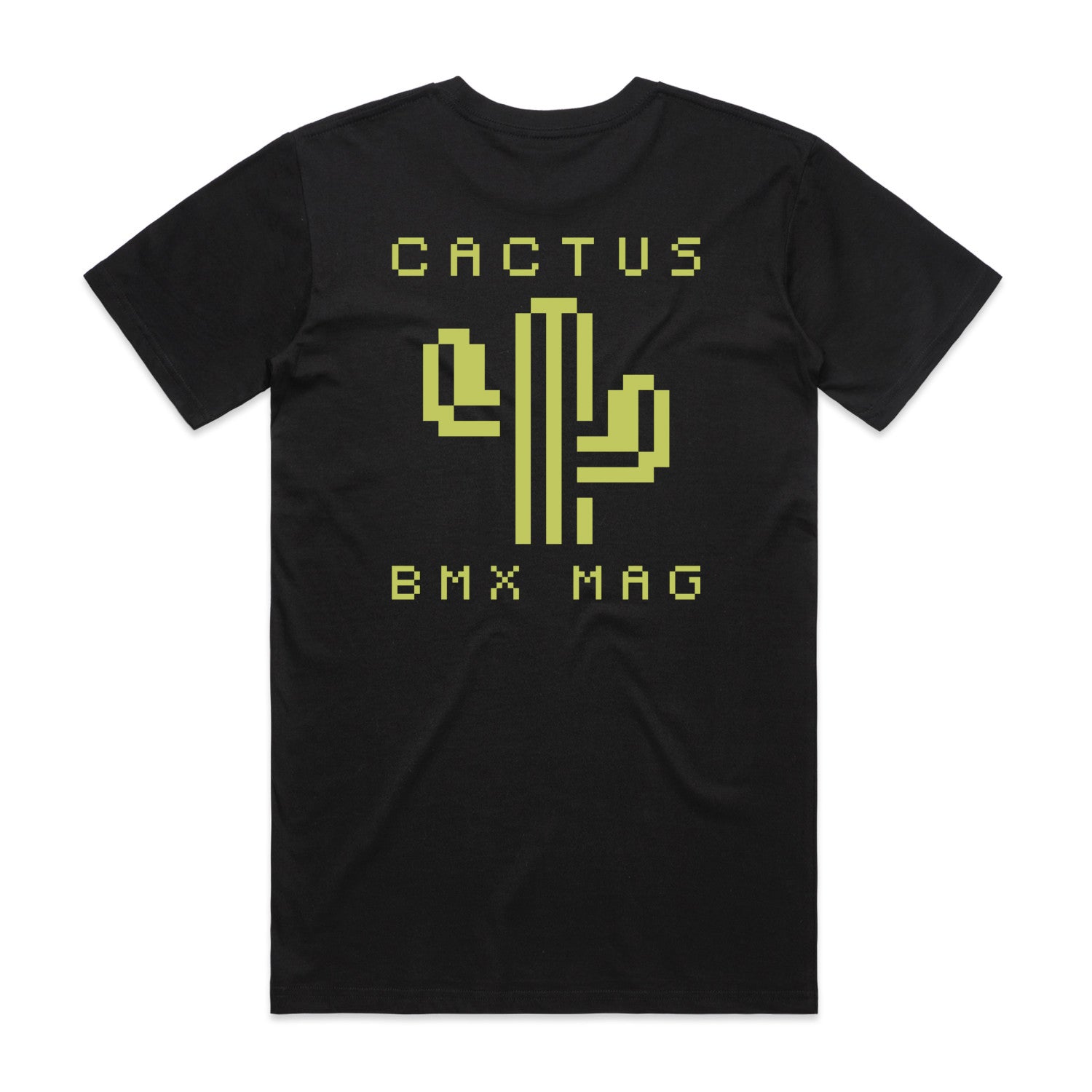 The Cactus BMX Mag 8 Bit T-Shirt Black showcases a pixelated green cactus graphic and "CACTUS BMX MAG" on the back—a must-have BMX shirt for fans of glitch art style.