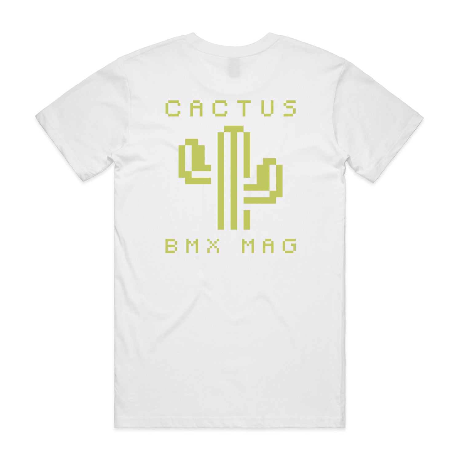 The Cactus BMX Mag 8 Bit T-Shirt White features exclusive pixelated cactus branding and "CACTUS BMX MAG" on the back—perfect for BMX fans and collectors.