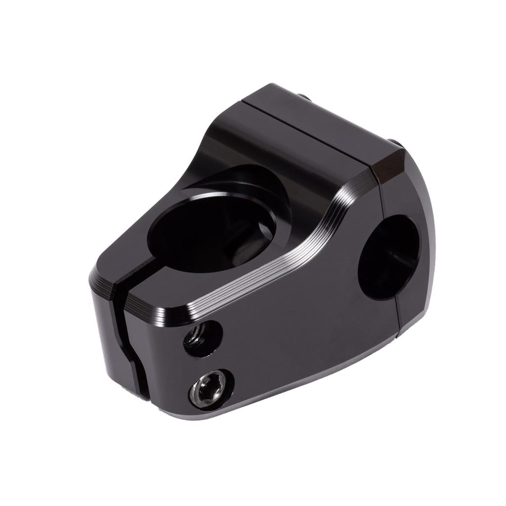 The Wethepeople Index Front Load Stem is a black metal BMX stem featuring a 16mm rise, top-load design, two bolt holes, central clamp opening, and beveled edges, shown isolated on a white background.