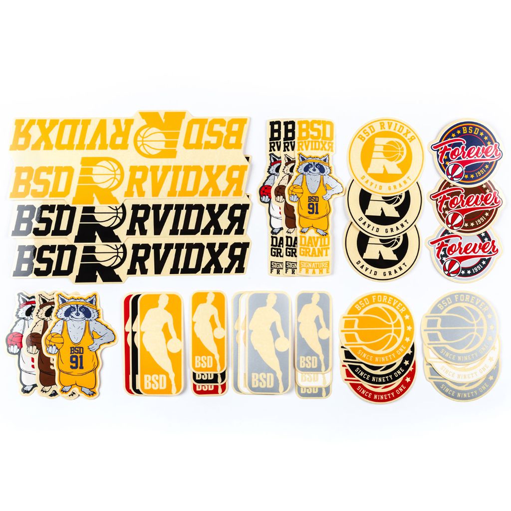 Assorted colorful stickers with various designs and logos, including sports themes and textual graphics, displayed on a white background. Now featuring BSD Raider Frame Decal Sets.