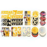 Assorted colorful stickers with various designs and logos, including sports themes and textual graphics, displayed on a white background. Now featuring BSD Raider Frame Decal Sets.