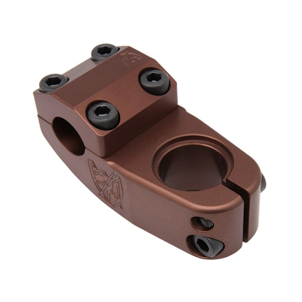 The S&M Enduro V2 Stem in brown features four black top bolts, two side bolts, and engraved logos on the surface.