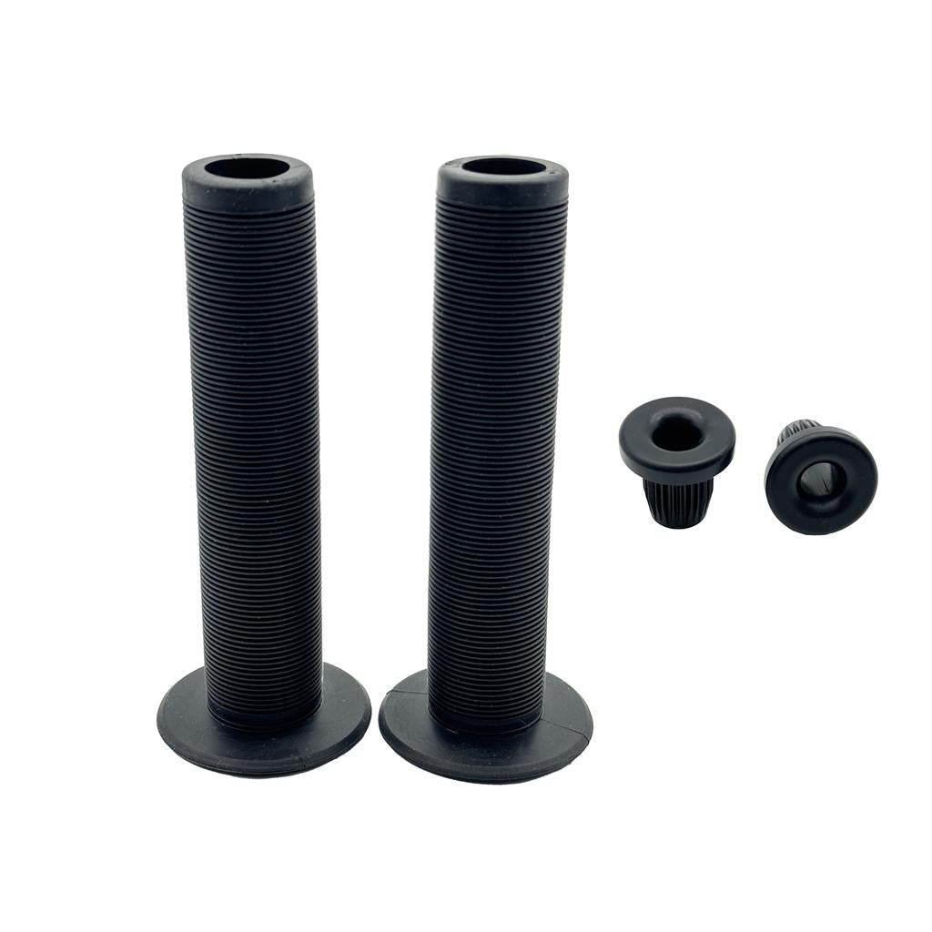Two black DRS Mushroom Grips with flanges and matching bar end plugs are shown on a white background.
