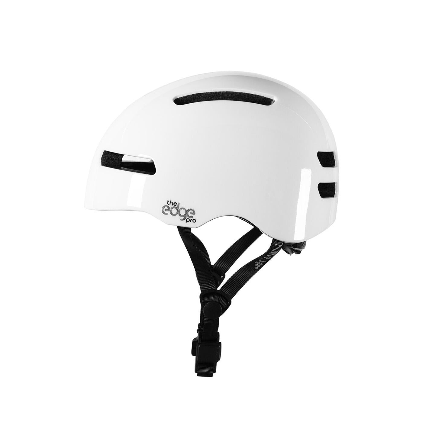 The Gain Protection The Edge Pro Helmet (XS - XL) is a white helmet with ventilation slots, black adjustable straps, and featherlight in-mould technology for maximum comfort—ideal for action sports.