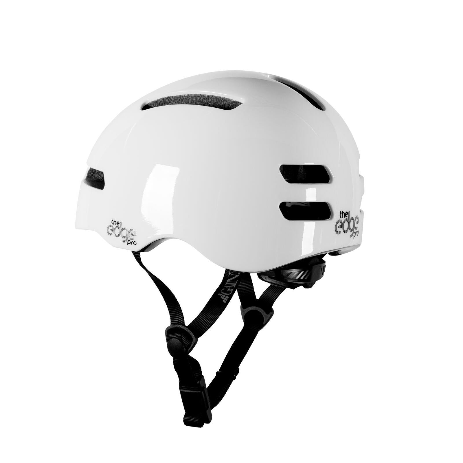 The Gain Protection The Edge Pro Helmet (XS - XL) is a white action sport helmet with black vents, adjustable chin straps, featherlight in-mould tech, and "the edge pro" label on the side.