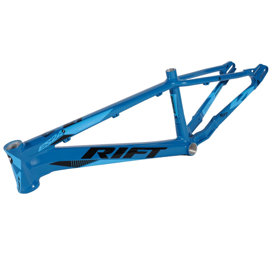 A blue Rift ES20 Frame Expert XL bike frame with the word "rift" on it.