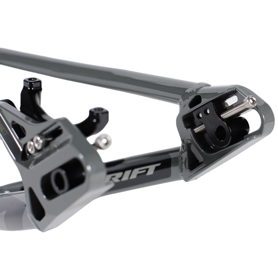A close up of a Rift ES20D Frame Pro XXL mountain bike frame with post mount caliper bracket.