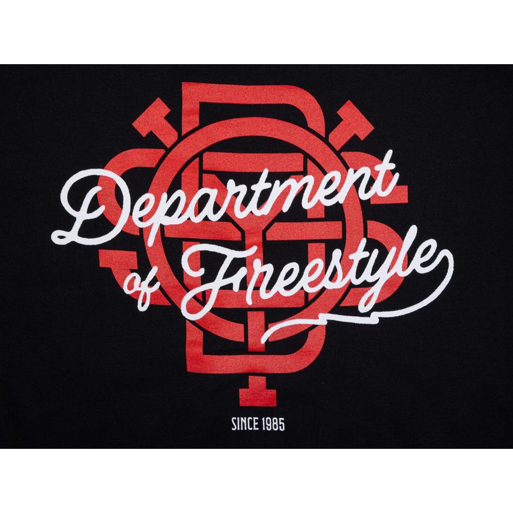 The Odyssey DOF Script Long Sleeve T-Shirt features a black background with “Department of Freestyle” in white script over a red graphic, capturing the winter ODYSSEY spirit, and “Since 1985” printed below.