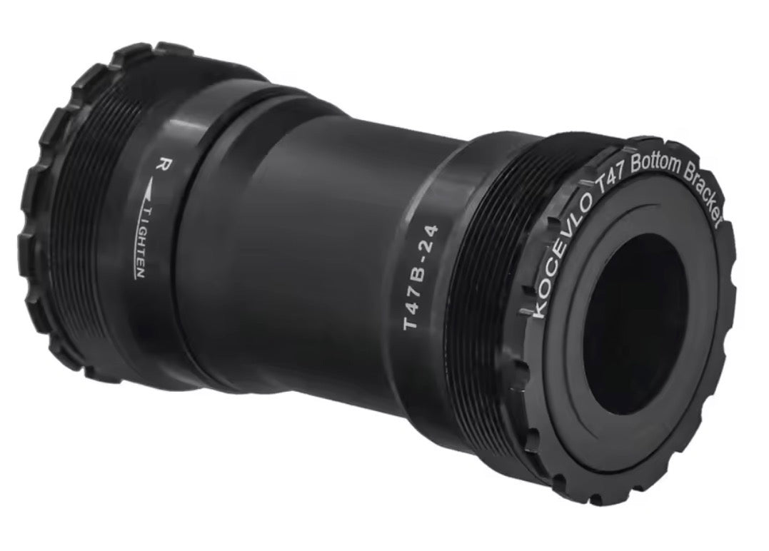 The T47 Internal 24mm 85.5mm Bottom Bracket, designed for bicycles, is shown in black with visible threads and markings against a white background.