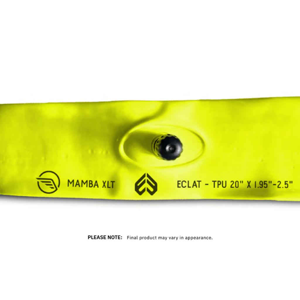 The Eclat Mamba XLT SV TPU Tube is a lightweight yellow 20" bike tube with a Schrader valve, sized 20” x 1.95”–2.5”, and features black printed logos.
