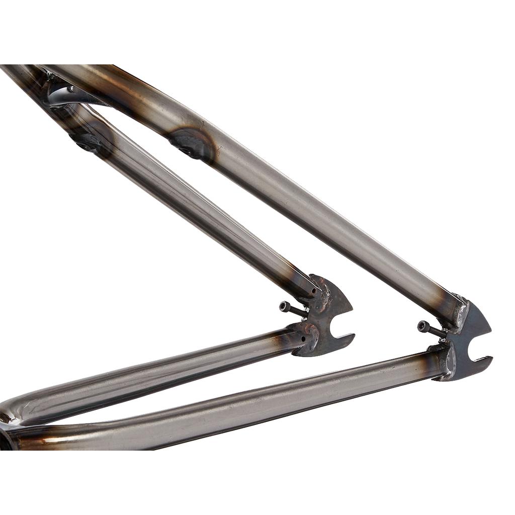 Close-up of the Fit Bike Co Mixtape V2 Frame’s rear dropout, welds, and tubing with a raw, unfinished finish, built using a Thermal X tubeset.