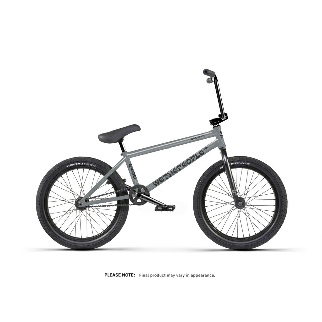 The Wethepeople Reason Shift 20 Inch Bike is a premium BMX in gray with black handlebars, seat, and tires, shown on a white background. Note: The final product may vary in appearance.
