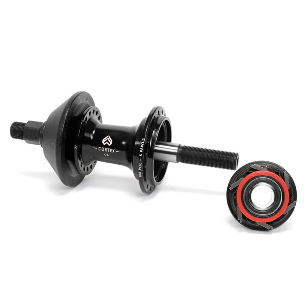 The Eclat Cortex EVO CS Rear Cassette Hub in black is shown with its axle, driver, and high-engagement bearing components separated on a white background.