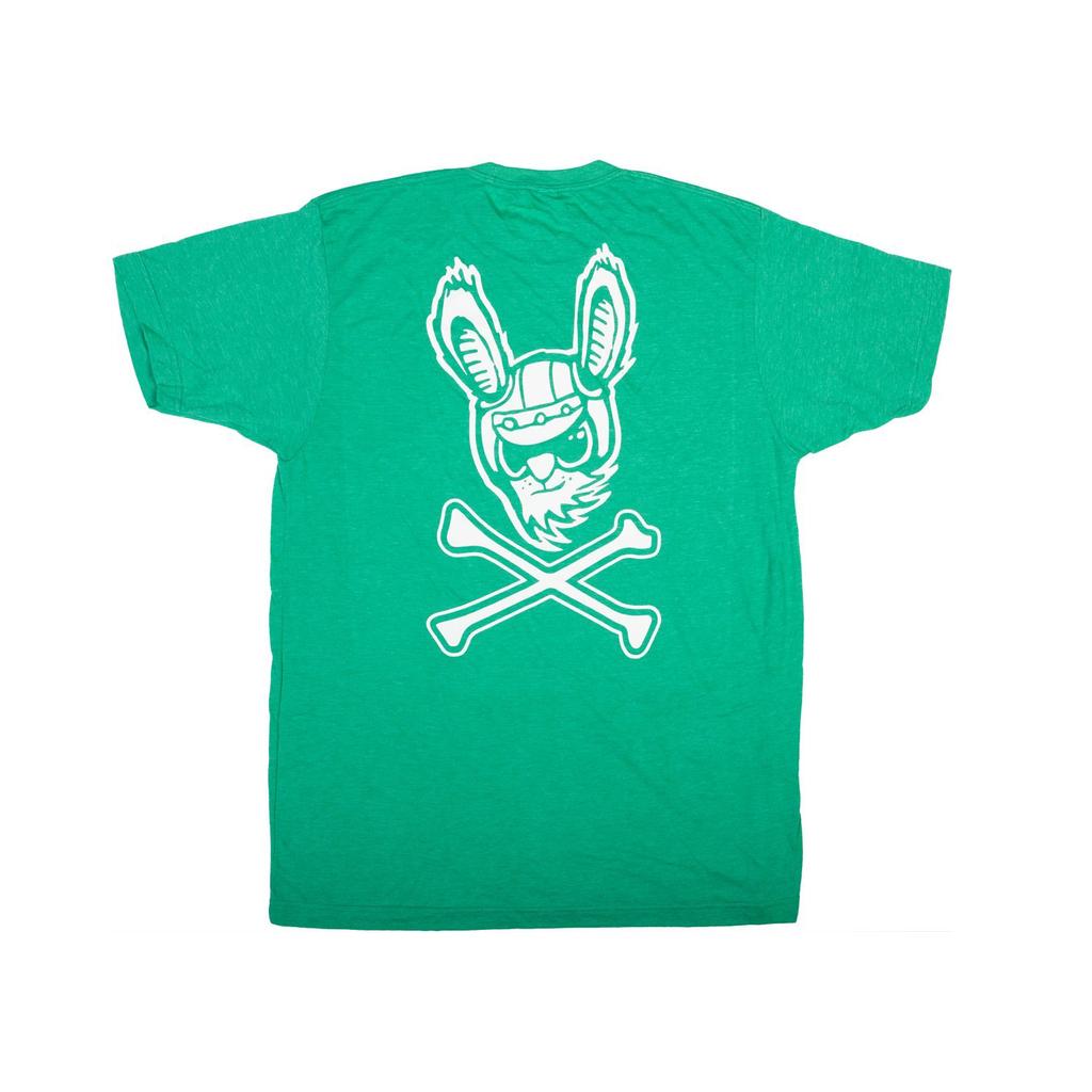 The Fairdale Jolly Roger T-Shirt features a green design with a rabbit in goggles above crossed bones on the back—ideal for fans of playful graphic tees.