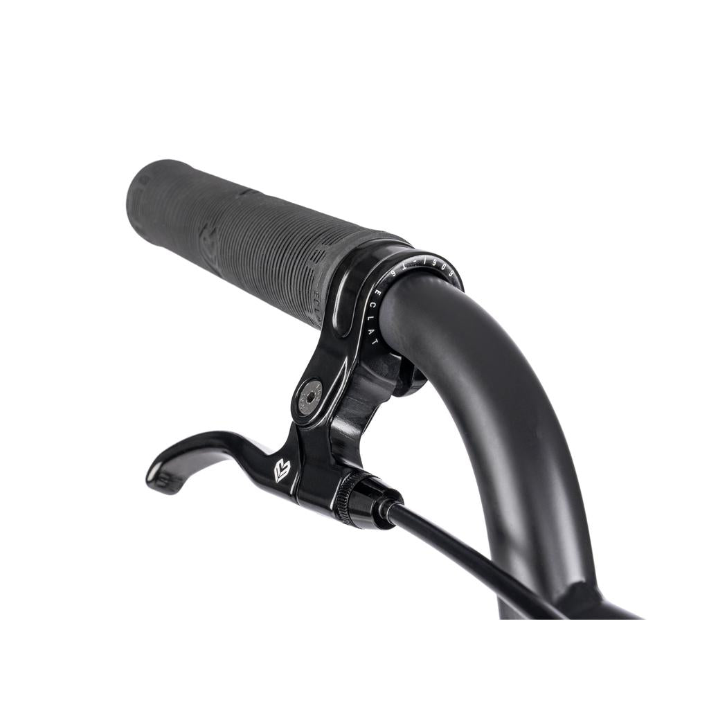 Close-up of a black BMX handlebar with rubber grip and brake lever, shown on a white background—compatible with parts for the Wethepeople Revolver 20 Inch Bike.