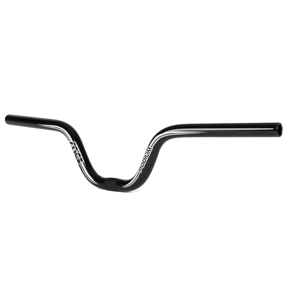 A black MCS Podium Bars (22.2mm Clamp) BMX handlebar with a high-rise, curved aluminium design and white branding text on both sides.