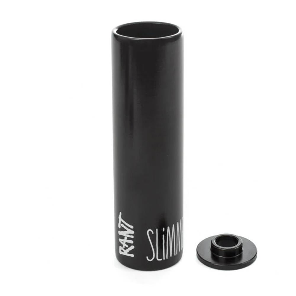 The Rant Slimmer Peg (Each) is a black, cylindrical steel BMX peg with a removable metal sleeve, perfect for riders seeking durable, lightweight pegs for their setups.