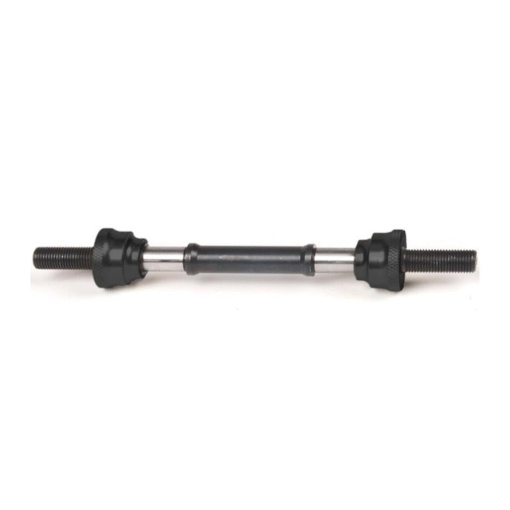 The Eclat Kolibri Axle & Cone Set features a 10mm metal replacement axle for the Kolibri front hub with threaded ends and black nuts on both sides, shown isolated on a white background.