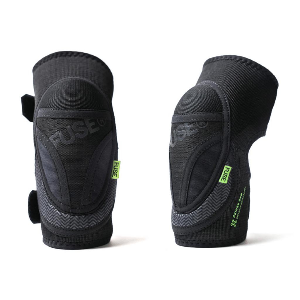 A pair of Fuse NXG Kids Knee Pads, black with reinforced padding, elastic straps, and green Fuse tags, shown from front and side on a white background—perfect protective gear for youth.