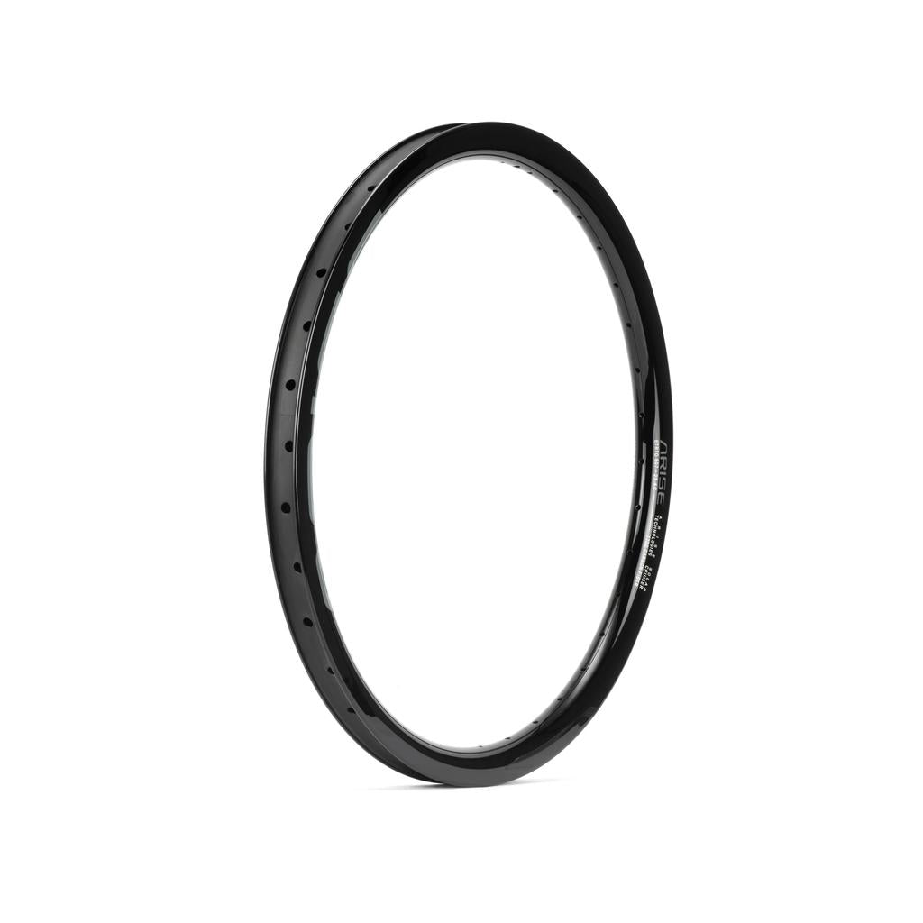 An Arise Solar 24 Inch Cruiser Rim in black stands upright against a white background, showcasing multiple spoke holes along its edge.