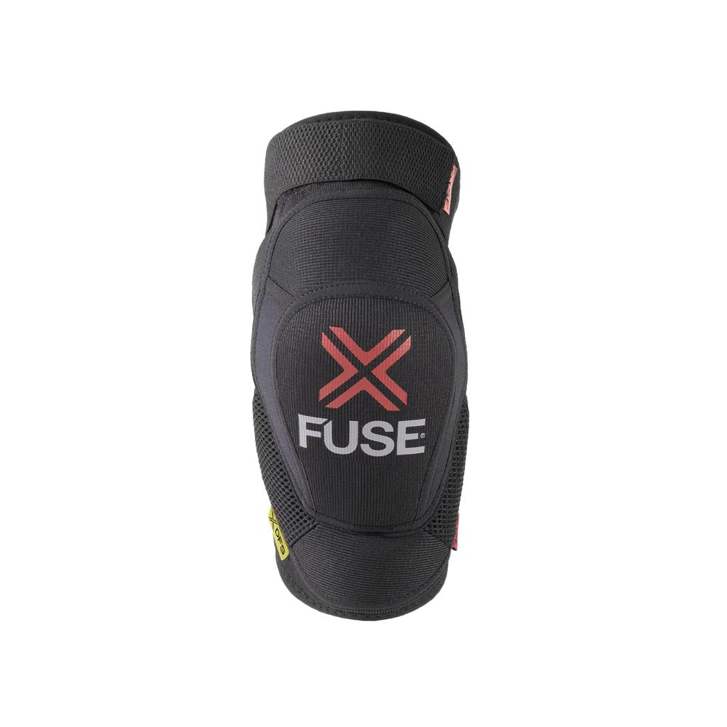 The Fuse Delta DFS Knee Pads (Pair) are black kids’ pads featuring red/white logos, mesh ventilation, anti-bacterial neoprene, and protective padding—perfect protective gear for active children.