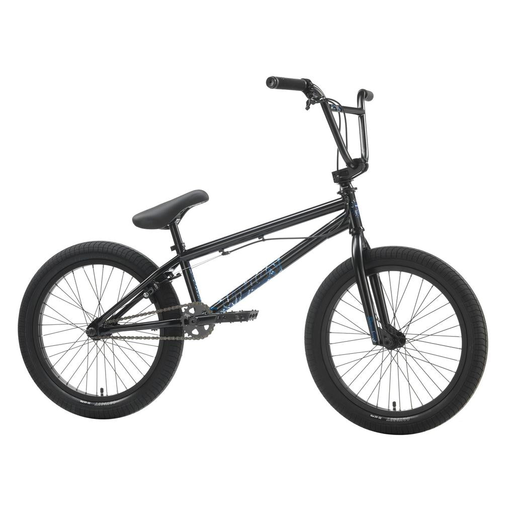 The Sunday Forecaster Maca Grasset 20 Inch Bike, shown in side profile on a white background, features thick tires, a compact frame, high handlebars, and a single gear—perfect for park riding.
