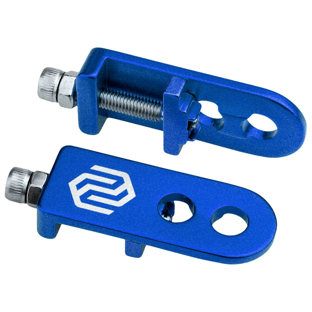 A pair of blue metal Promax C-1 Chain Tensioners on a white background, used as chain tensioners for a race bike to prevent axle slipping.