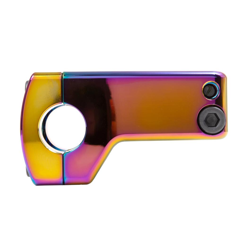Celebrate 40 years of innovation with the limited edition Odyssey CFL3 40th Anniversary Front Load Stem. This colorful hex key tool features a metallic rainbow finish, circular opening, and various bolts on a white background.