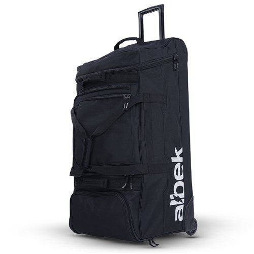 The Albek Meridian Wheeled Gear Bag is a large black bag with wheels, an extendable handle, multiple zippered compartments, waterproof lining, and "albek" printed in white on the side.
