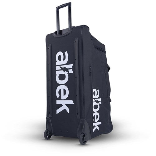 The Albek Meridian Wheeled Gear Bag is a large black rolling bag with a telescopic handle, bold white "albek" branding on the front and side, and a waterproof lining to protect your belongings.